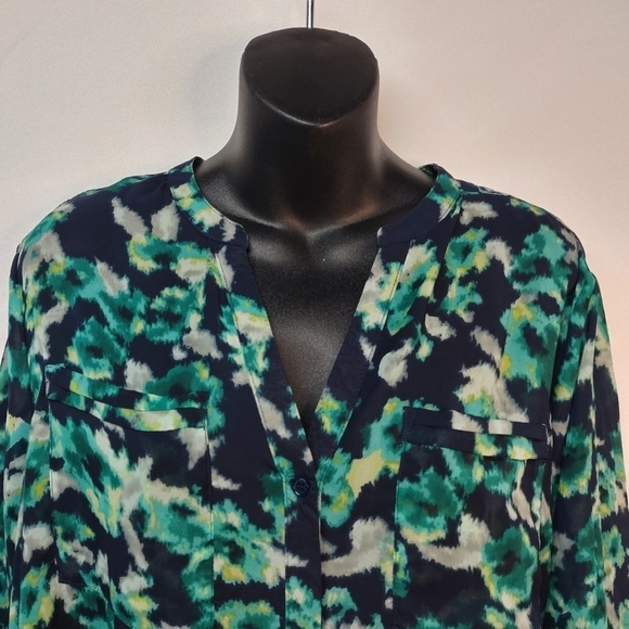Apt. 9 Navy Blue & Teal Sheer 3/4 Sleeves Blouse Size L - Picture 4 of 12